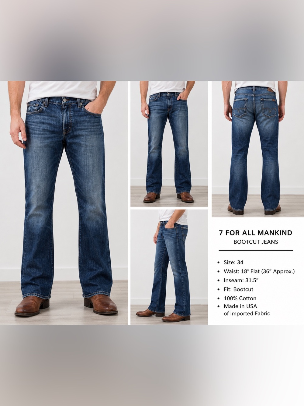 7 For All Mankind Bootcut Jeans Men's Size 34 Blue Wash Made In USA